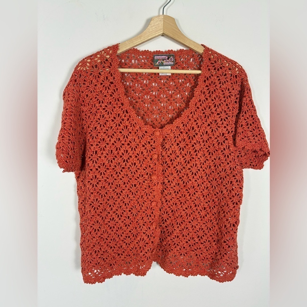 Vtg April Cornell Crochet Cardigan Top L Orange Button Grandma Granny Cottage